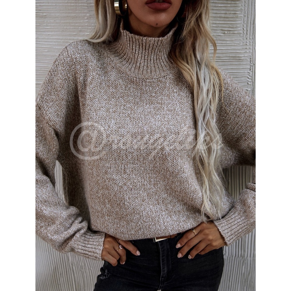 Khaki / Mocha Knit Turtleneck Pullover Sweater Long Sleeve